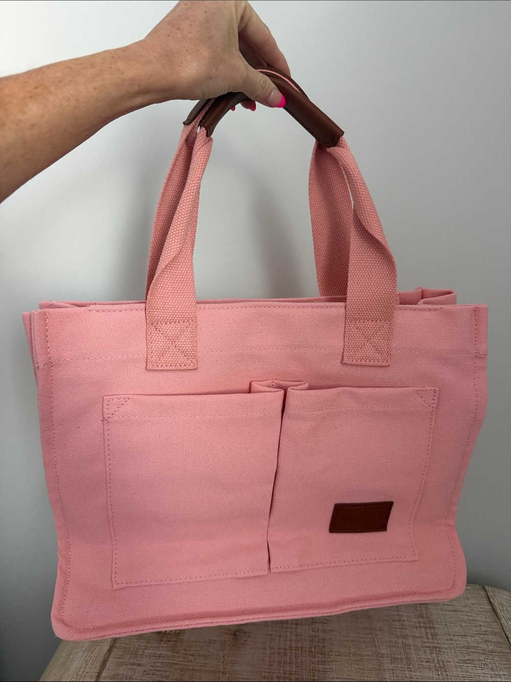 Pink Canvas Tote Bag with Front Pockets